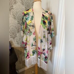 OP Ocean Pacific Multicolor Floral Fringe Kimono XL